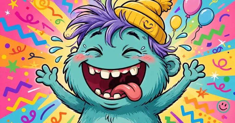 Funny PFPs featured image, laughing cartoon character, bright colorful background, original art